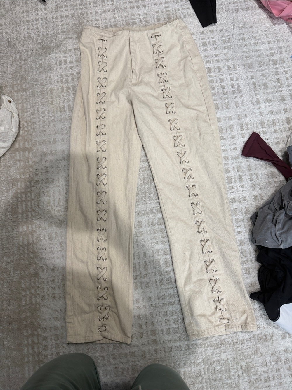 emory park Cream Straight-Leg Lace-Up Detail Pants